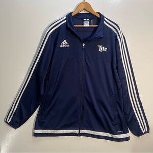 Adidas Warm Up Jacket Blue w/ White Stripe Miller Lite Logo Mens XL Pocket Rare
